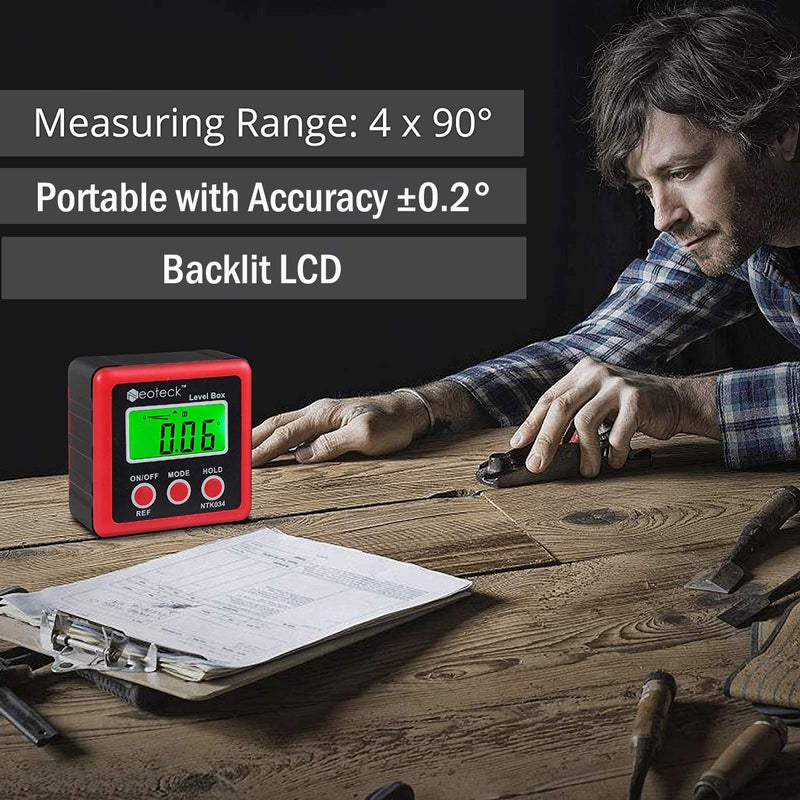 Neoteck Digital Angle Finder, Backlight LCD Digital Angle Gauge Protractor Inclinometer Bevel Box, Magnetic Base, Data Hold, IP54 Dust and Water Resistant- Red - Image 5